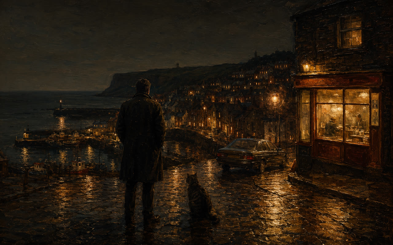 A man and a cat look down over a rain-lit harbour town at night, oil painting
